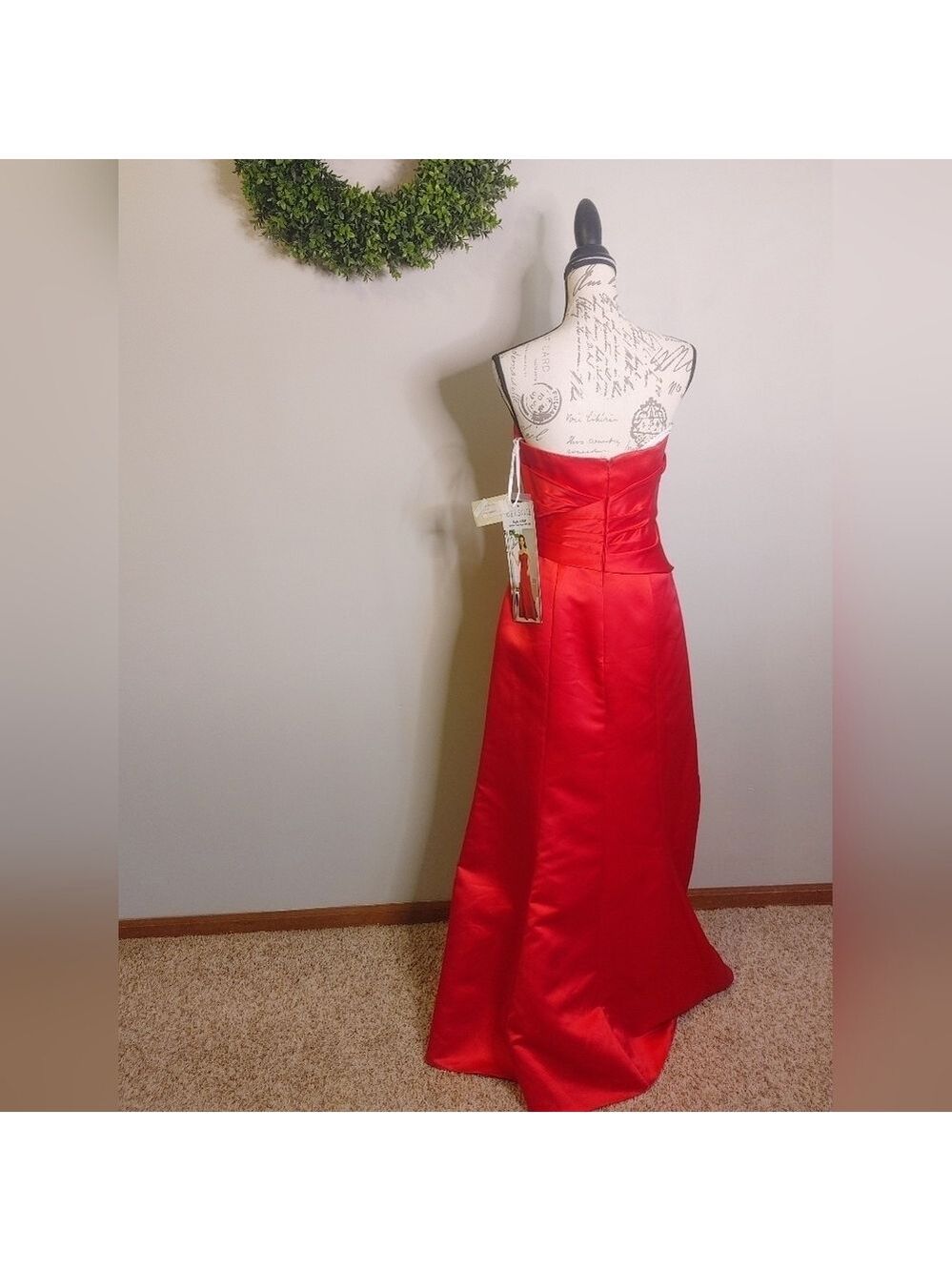 NWT Belsoie Red Satin Sweetheart Strapless Full Length Dress 8 - Picture 3 of 8